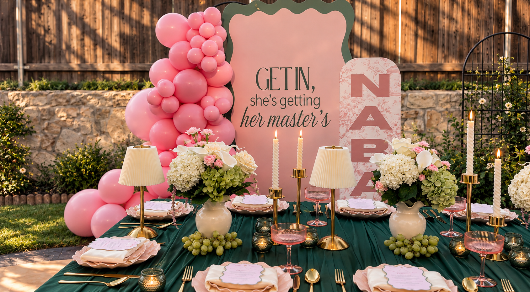 Garden party tablescape with pink balloon garland, custom signage, florals and emerald linens styled by Naz & Co Events in North Dallas