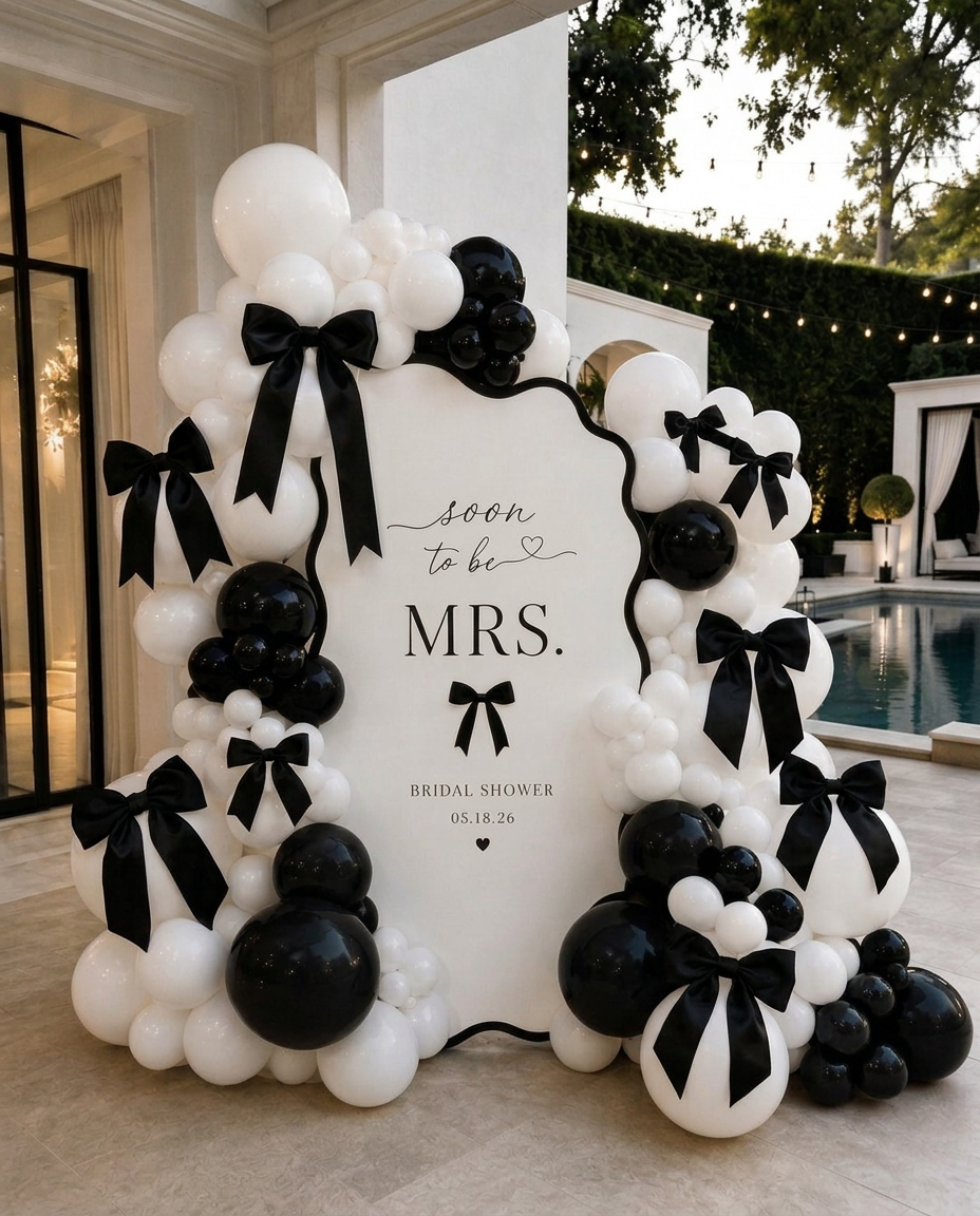 Signature package backdrop — organic balloon arch with floral accents