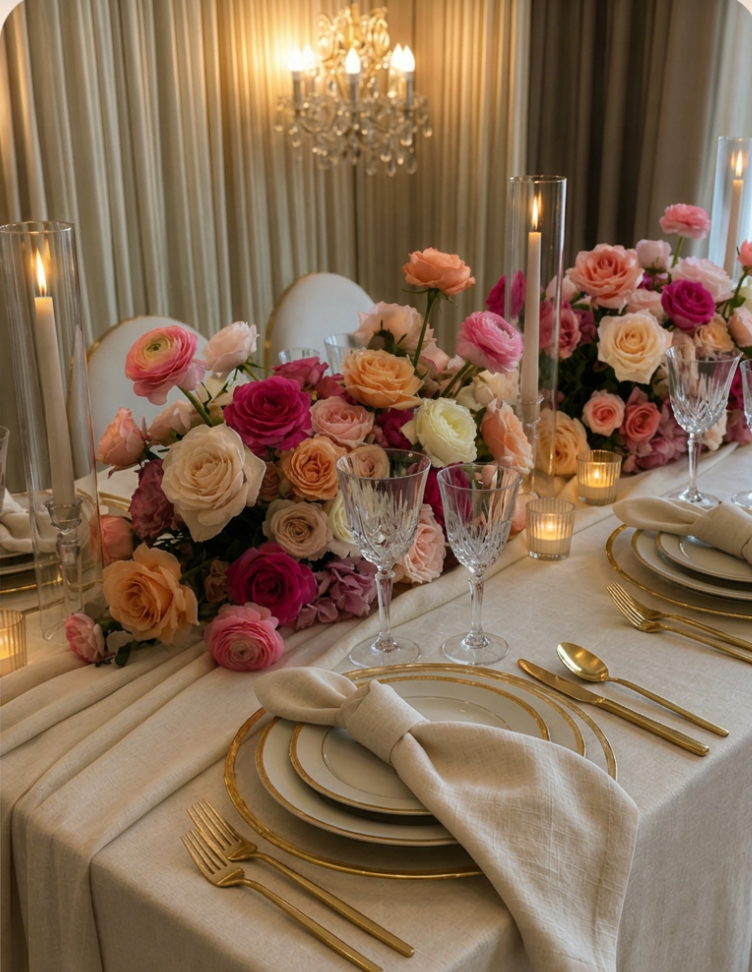 Custom Package — bespoke luxury tablescape with florals, crystal, and gold accents