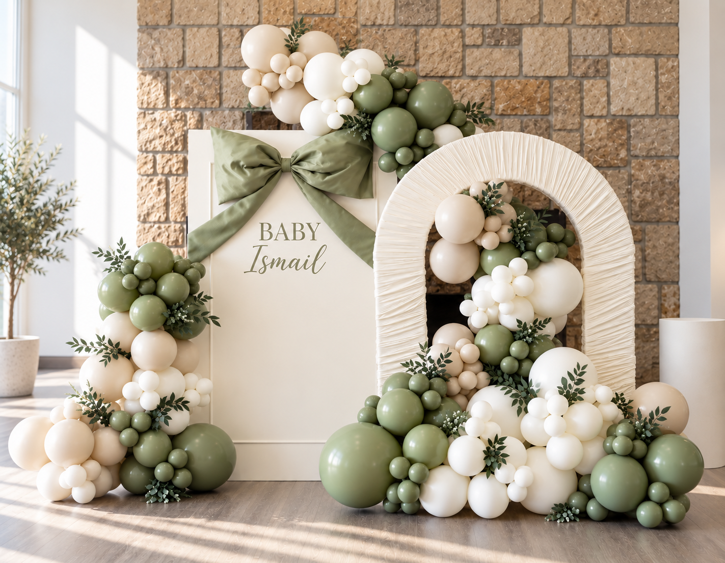 Two-panel baby shower backdrop with sage green and ivory balloon arch, personalized panel and bow — Prosper