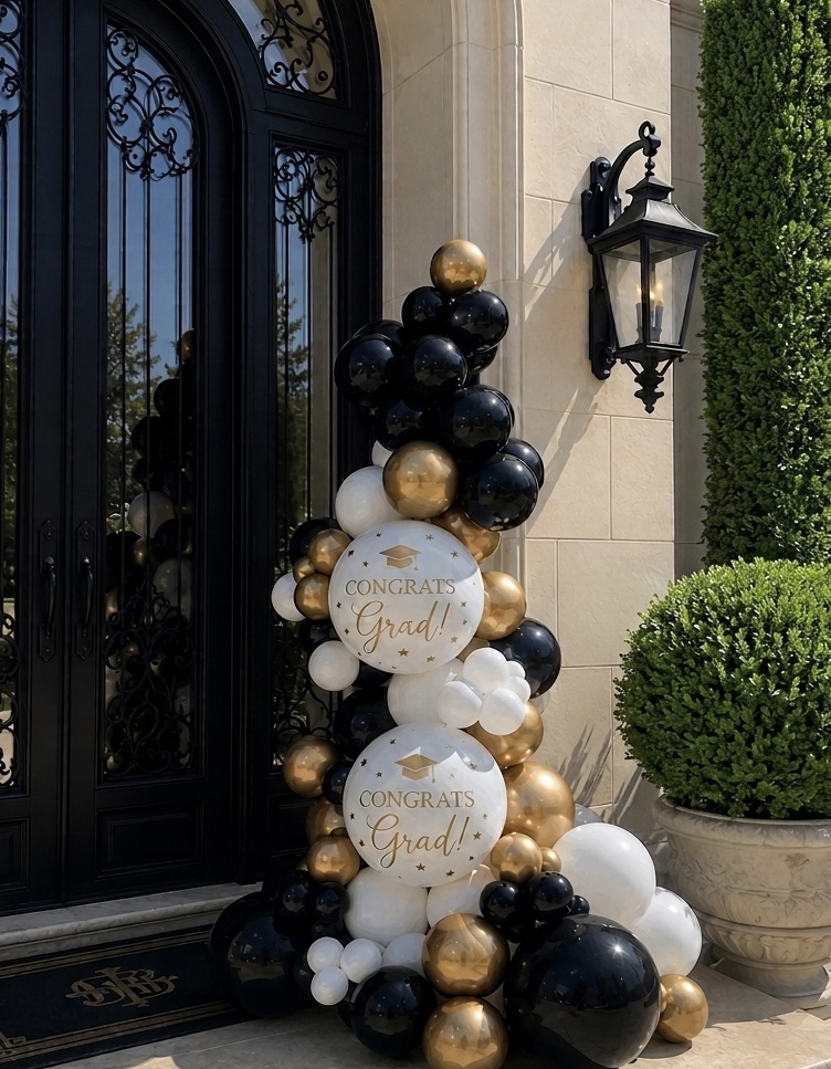 Custom Balloon Column — black, white, and gold with foil accents